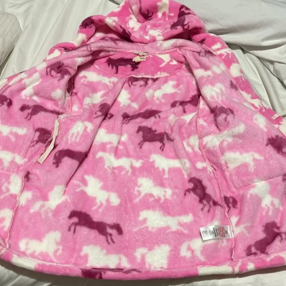 Hatley 4/5 hooded thick pink robe horse print white burgundy pockets euc